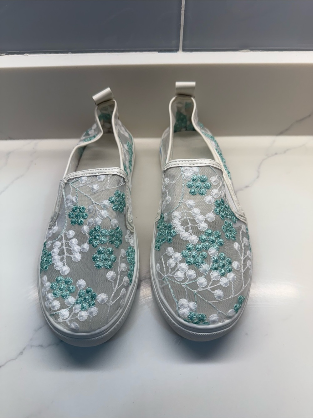 White Slip-On Sneakers with Mint Embroidered Floral Detail